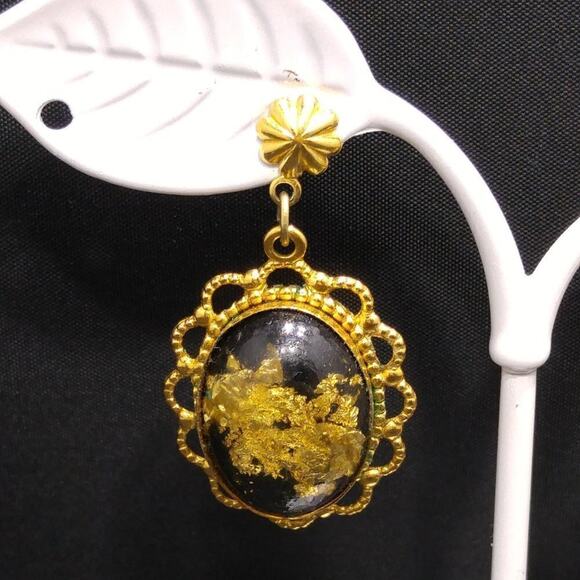 Vintage Gold Foil Lucite Post Earrings, Filigree Frames, Clear Lucite, 1 1/2 In - Picture 5 of 12